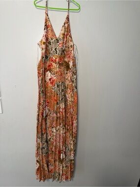 Jessica Simpson Floral Pleated Maxi Dress in Rust, Green and Cream